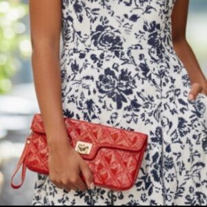 SR Squared Sondra Roberts Shiny Red Quilted Large Clutch with Wrist Strap